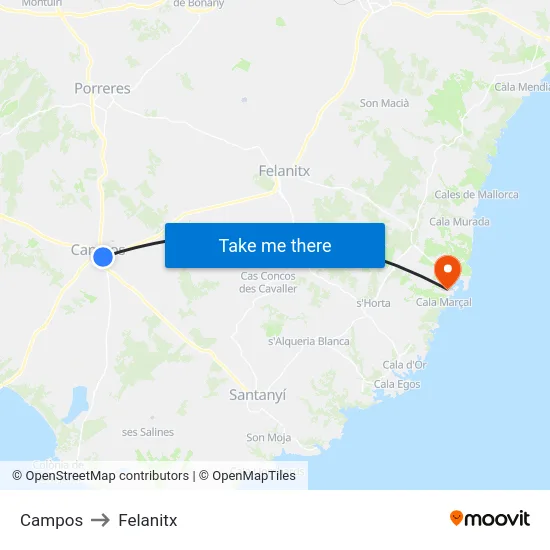 Campos to Felanitx map