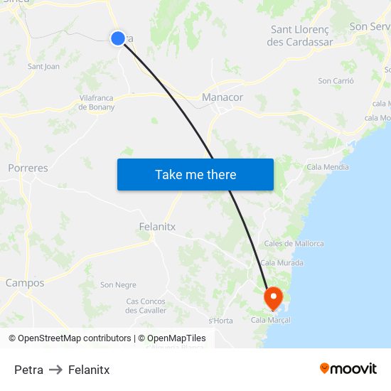 Petra to Felanitx map