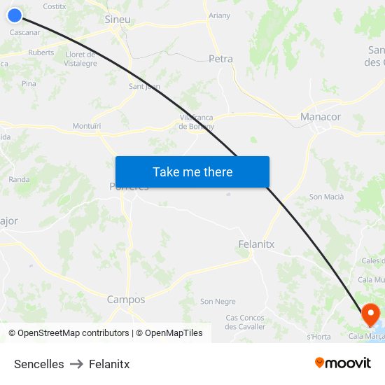 Sencelles to Felanitx map