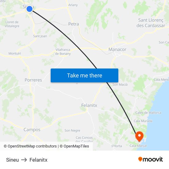 Sineu to Felanitx map