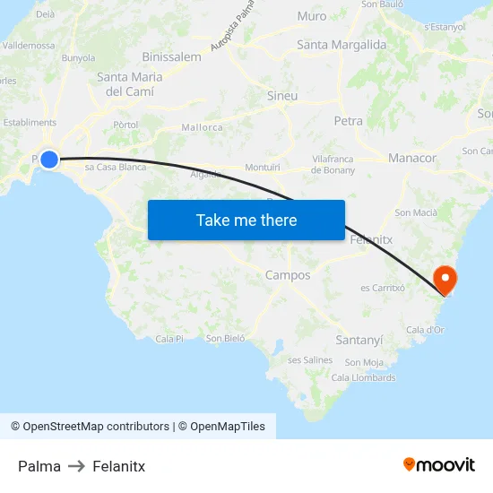 Palma to Felanitx map