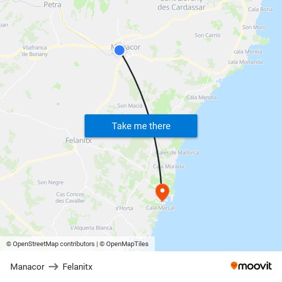Manacor to Felanitx map