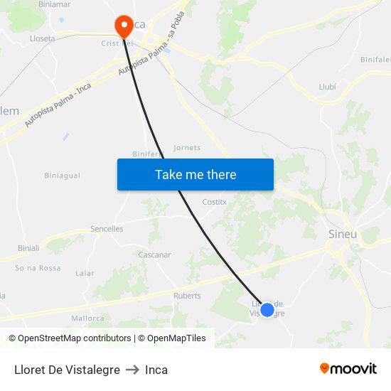 Lloret De Vistalegre to Inca map