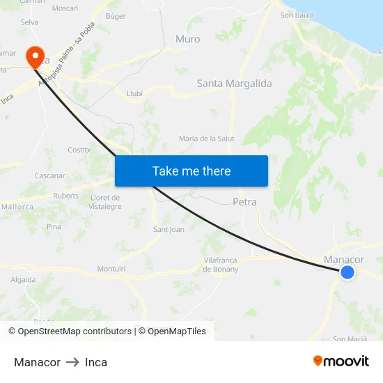 Manacor to Inca map