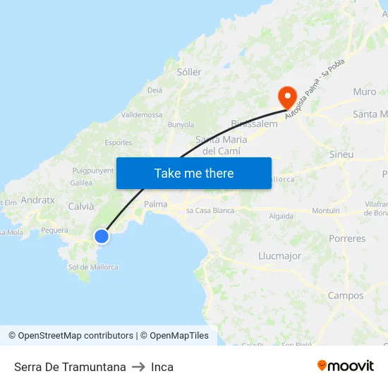 Serra De Tramuntana to Inca map
