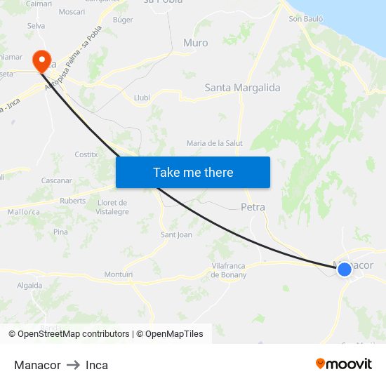 Manacor to Inca map