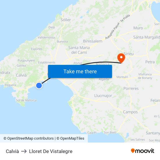 Calvià to Lloret De Vistalegre map
