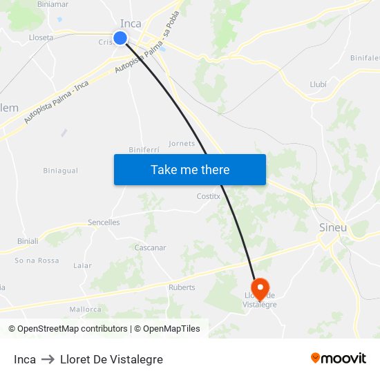 Inca to Lloret De Vistalegre map