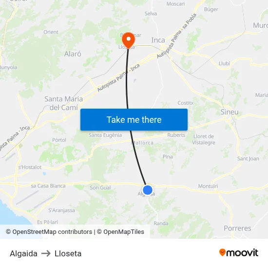 Algaida to Lloseta map