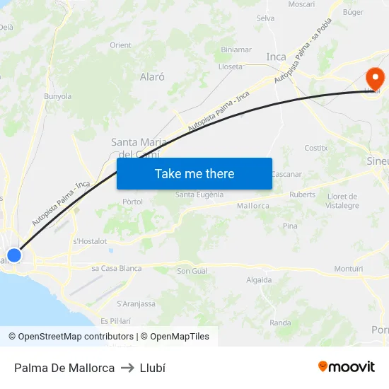 Palma De Mallorca to Llubí map