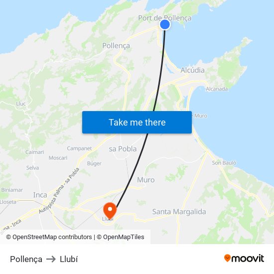 Pollença to Llubí map