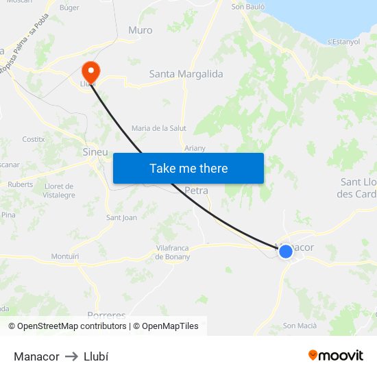Manacor to Llubí map