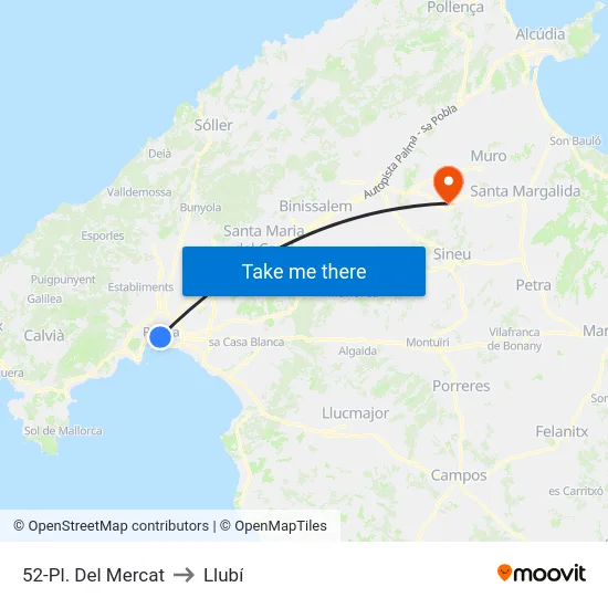 52-Pl. Del Mercat to Llubí map