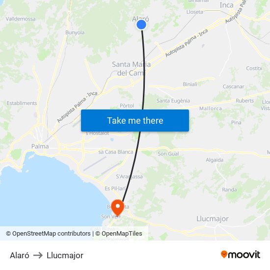 Alaró to Llucmajor map