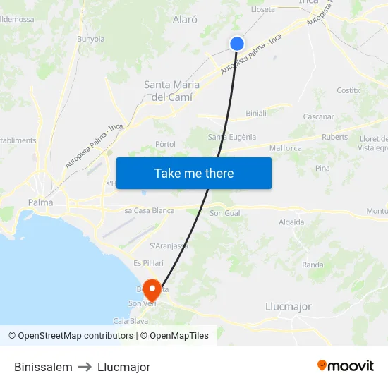 Binissalem to Llucmajor map