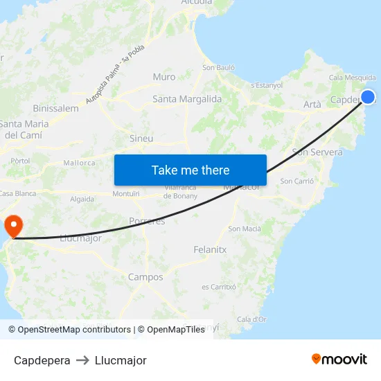 Capdepera to Llucmajor map