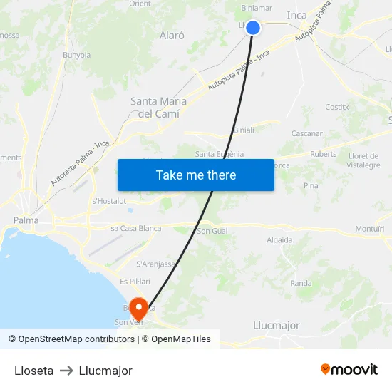 Lloseta to Llucmajor map