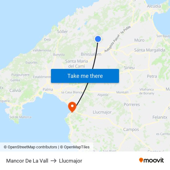 Mancor De La Vall to Llucmajor map
