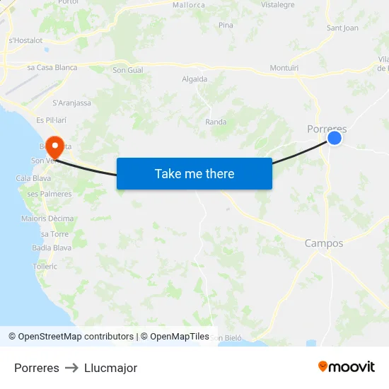 Porreres to Llucmajor map