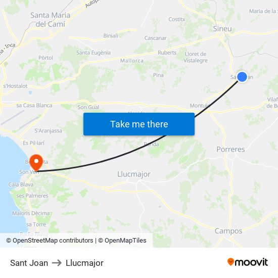 Sant Joan to Llucmajor map