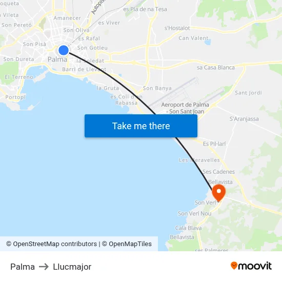 Palma to Llucmajor map