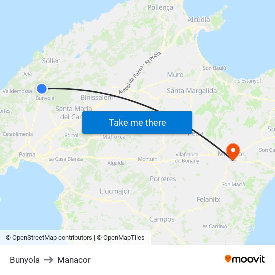 Bunyola to Manacor map