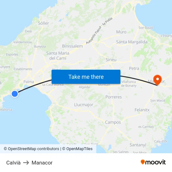 Calvià to Manacor map