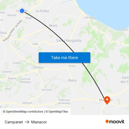 Campanet to Manacor map