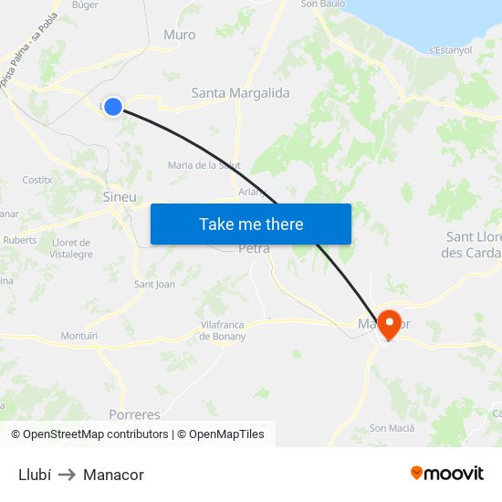 Llubí to Manacor map