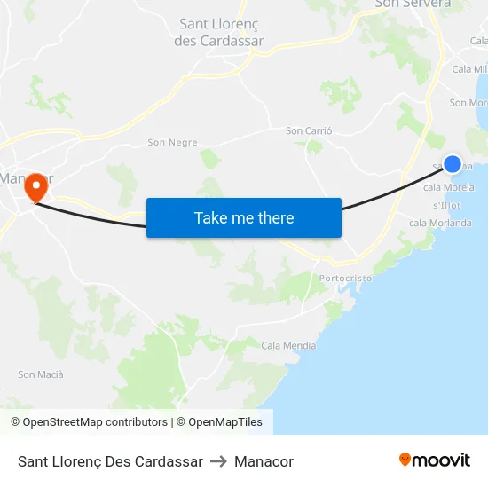 Sant Llorenç Des Cardassar to Manacor map