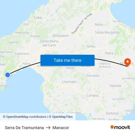 Serra De Tramuntana to Manacor map