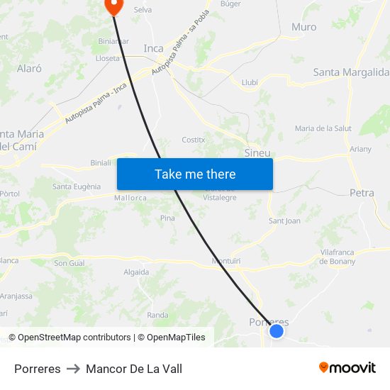 Porreres to Mancor De La Vall map