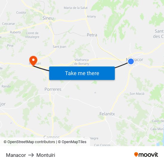 Manacor to Montuïri map