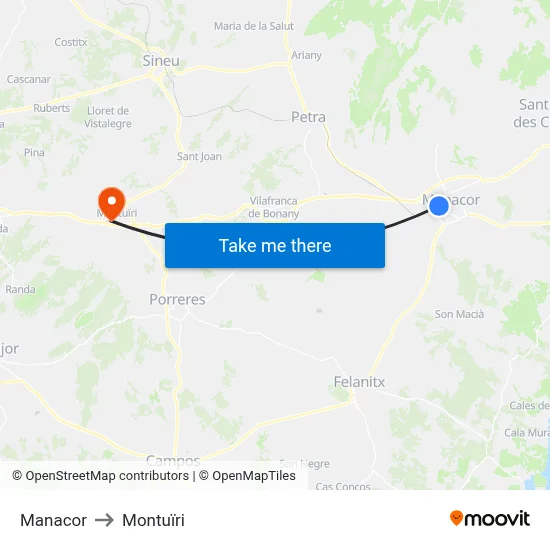 Manacor to Montuïri map