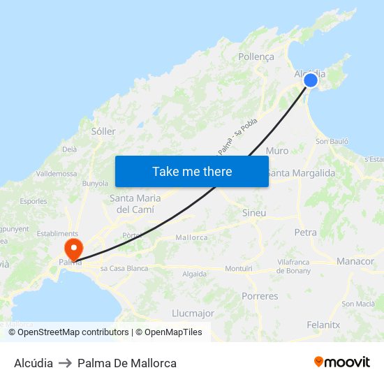 Alcúdia to Palma De Mallorca map