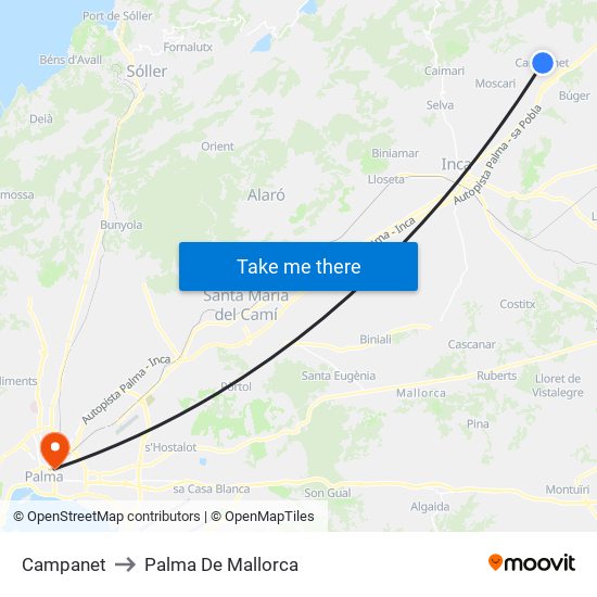 Campanet to Palma De Mallorca map