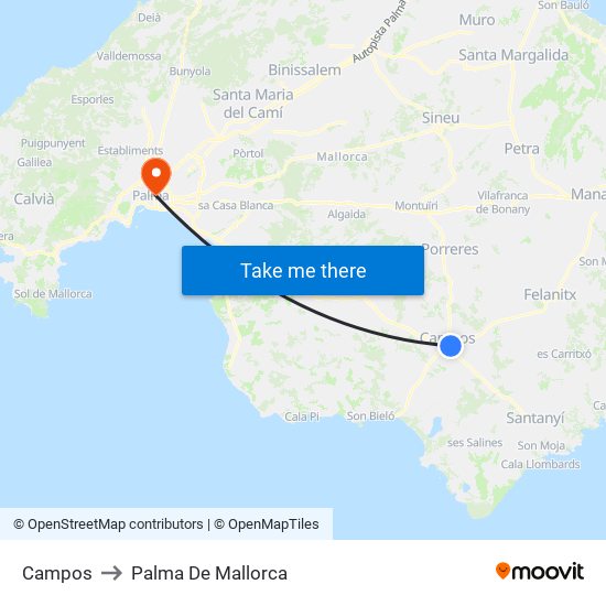 Campos to Palma De Mallorca map