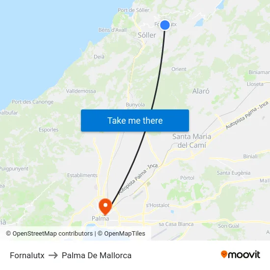 Fornalutx to Palma De Mallorca map