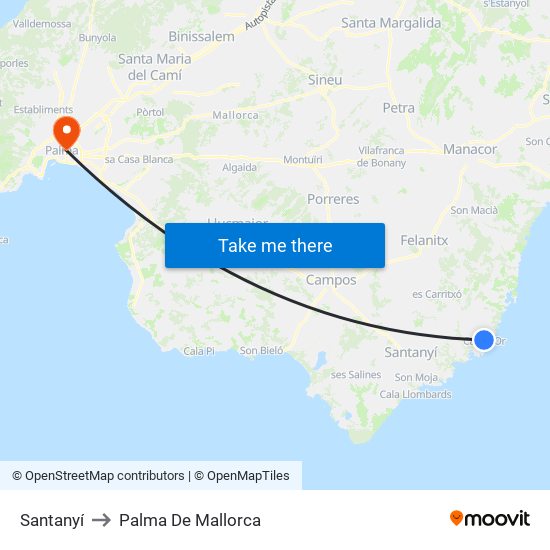 Santanyí to Palma De Mallorca map