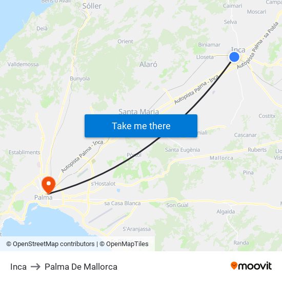 Inca to Palma De Mallorca map