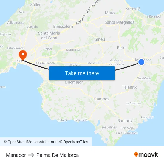 Manacor to Palma De Mallorca map