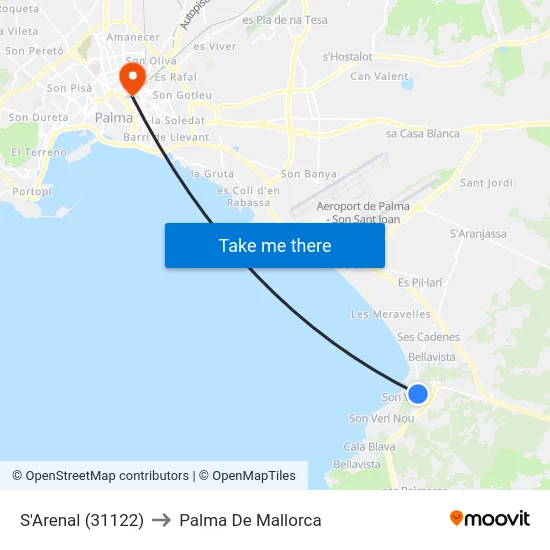 S'Arenal (31122) to Palma De Mallorca map