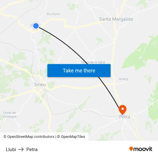 Llubí to Petra map