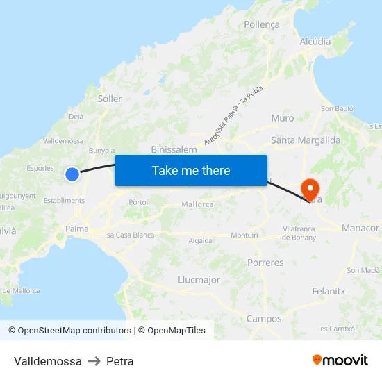 Valldemossa to Petra map
