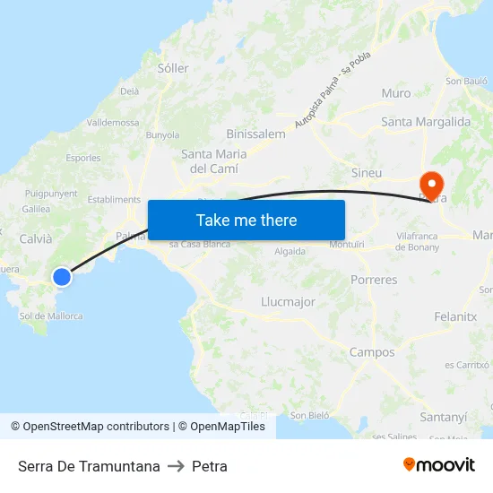 Serra De Tramuntana to Petra map