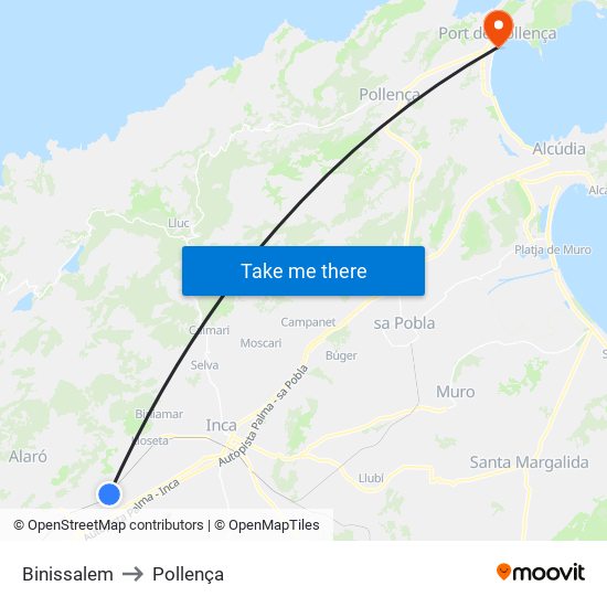 Binissalem to Pollença map