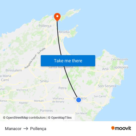 Manacor to Pollença map