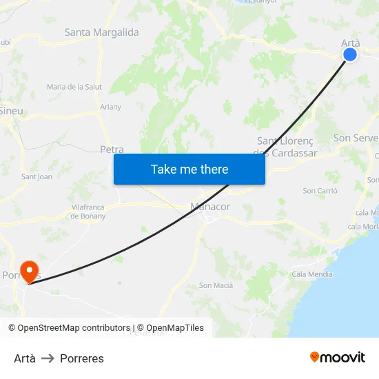 Artà to Porreres map