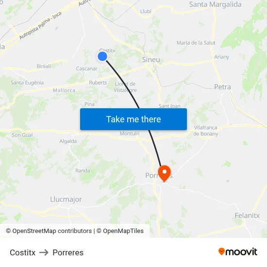 Costitx to Porreres map