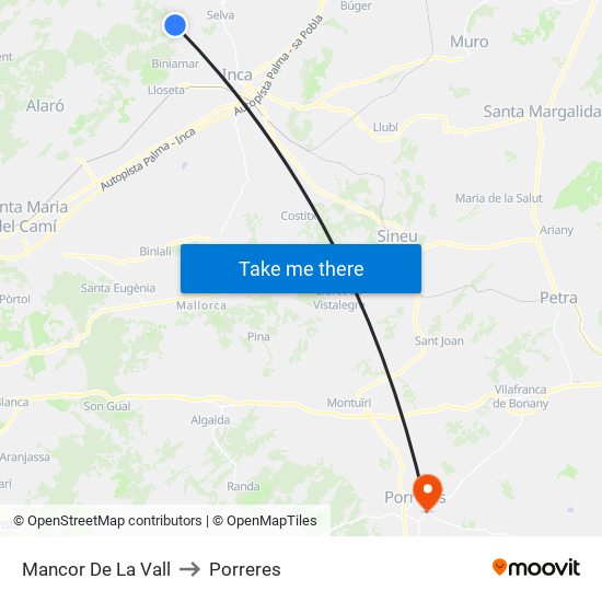 Mancor De La Vall to Porreres map